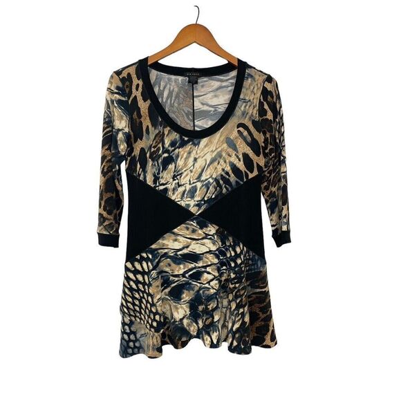 Eva Varro Slinky Tunic Top Bold Animal Mixed Print Black Contrast 3/4 Slv Size S - Picture 1 of 6